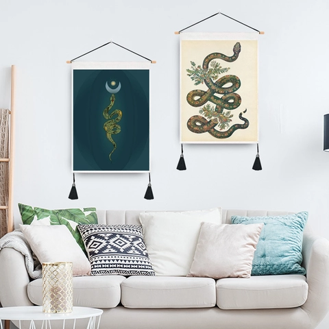 Schlange Mythologische Figur Botanisch Wandteppich Hängende Schriftrolle Polyester Baumwolle Holzstange Quasten Mystische Kunst