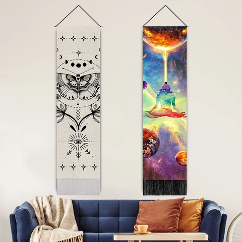 Vertical Wall Hanging Tapestry Cotton Linen Scroll With Wood Rod And Tassels Moon Phase Bohemian Mystical Home Decor