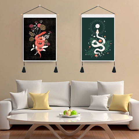 Mystische Schlange Und Blume Wandteppich Scroll Hanging Holzstab Quaste Böhmische Gotische Wohndekor