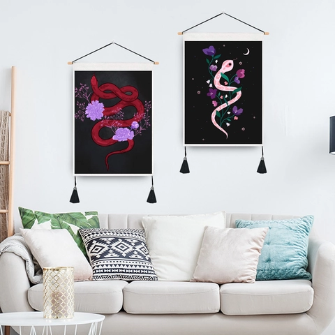 Mystische Schlange Und Blume Wandteppich Scroll Hanging Holzstab Quaste Böhmische Gotische Wohndekor