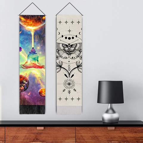 Vertical Wall Hanging Tapestry Cotton Linen Scroll With Wood Rod And Tassels Moon Phase Bohemian Mystical Home Decor