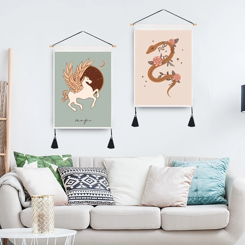 Bohemian Wall Hanging Tapestry Polyester Cotton Scroll Mystical Moon Floral Pattern Decorative Art With Wood Rod Tassels
