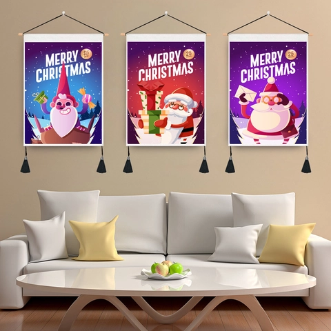 Christmas Wall Tapestry Fabric Hanging Scroll With Wooden Pole And Tassels Cartoon Santa Reindeer Festive Decor