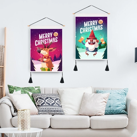 Christmas Wall Tapestry Fabric Hanging Scroll With Wooden Pole And Tassels Cartoon Santa Reindeer Festive Decor