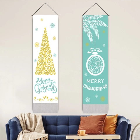Christmas Wall Tapestry Polyester Cotton Hanging Banner With Tassel Wood Rod Elk Tree Print For Home Holiday Decor