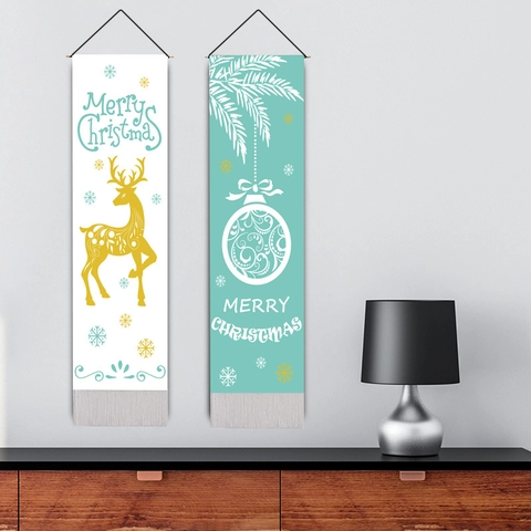 Christmas Wall Tapestry Polyester Cotton Hanging Banner With Tassel Wood Rod Elk Tree Print For Home Holiday Decor