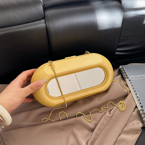 Bolso De Noche Irregular De Acrílico Clutch Cápsula Ovalada Decoración Espejo Cadena Metal Bolso Bandolera Para Mujer