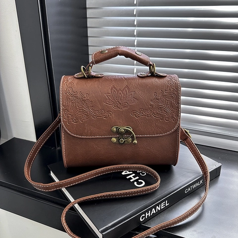 Retro Floral Embossed Women Crossbody Bag PU Leather Top Handle Shoulder Satchel Vintage Style Small Square Handbag