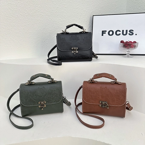 Retro Floral Embossed Women Crossbody Bag PU Leather Top Handle Shoulder Satchel Vintage Style Small Square Handbag