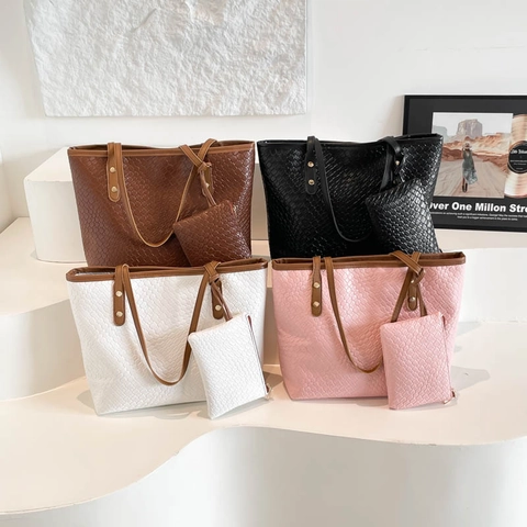 Women Large Capacity Woven Texture Tote Bag PU Leather Shoulder Bag Casual Commuter Handbag And Small Pouch