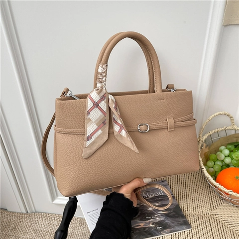 Retro Lychee Pattern PU Leather Handbag Tote For Women Fashionable Crossbody Shoulder Bag With Decorative Satin Scarf