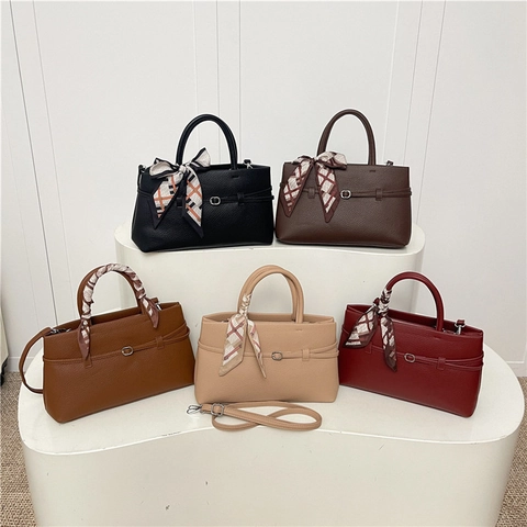 Retro Lychee Pattern PU Leather Handbag Tote For Women Fashionable Crossbody Shoulder Bag With Decorative Satin Scarf