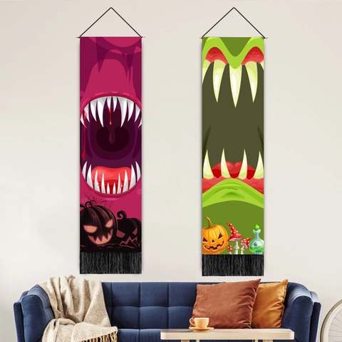 Halloween Tapestry Wall Hanging Polyester Cotton Scroll Painting Monster Mouth Pumpkin Print With Tassel And Wood Pole