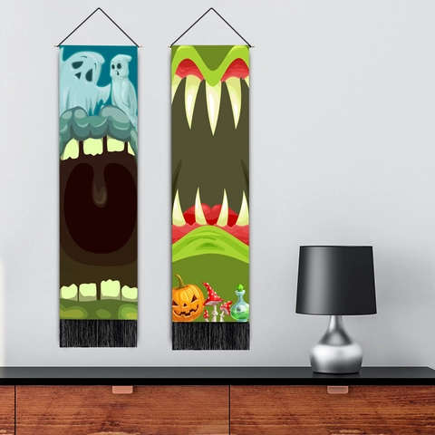 Halloween Tapestry Wall Hanging Polyester Cotton Scroll Painting Monster Mouth Pumpkin Print With Tassel And Wood Pole