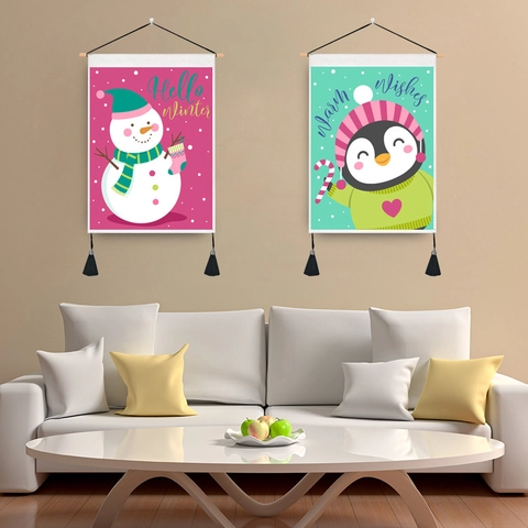 Christmas Hanging Scroll Tapestry Wall Art Polyester Cotton Cartoon Snowman Reindeer Wood Pole Tassels Holiday Home Decor