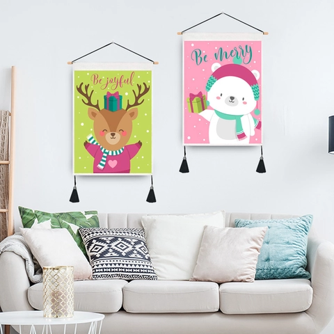 Christmas Hanging Scroll Tapestry Wall Art Polyester Cotton Cartoon Snowman Reindeer Wood Pole Tassels Holiday Home Decor