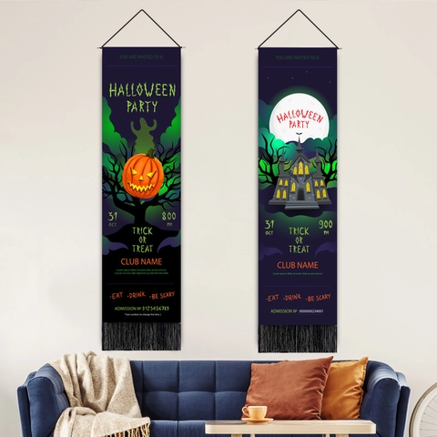 Halloween Wall Hanging Tapestry Vertical Scroll Polyester Cotton Pumpkin Ghost Castle For Home Party Decor With Tassel
