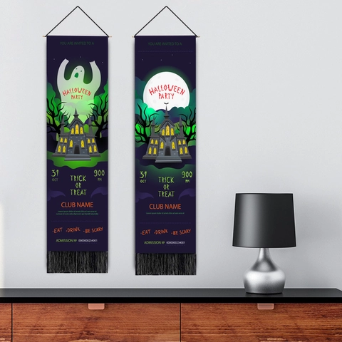 Halloween Wall Hanging Tapestry Vertical Scroll Polyester Cotton Pumpkin Ghost Castle For Home Party Decor With Tassel
