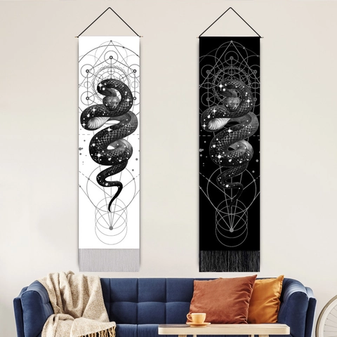 Slang Heilige Geometrie Wandtapijt Polyester Katoen Lange Verticale Wanddecoratie Met Kwastjes Mystiek