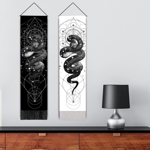 Slang Heilige Geometrie Wandtapijt Polyester Katoen Lange Verticale Wanddecoratie Met Kwastjes Mystiek