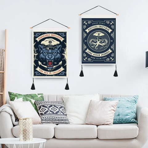 Vintage Nautical Wall Tapestry Polyester Cotton Hanging Painting Wood Pole Tassel Decorative Art For Home Office