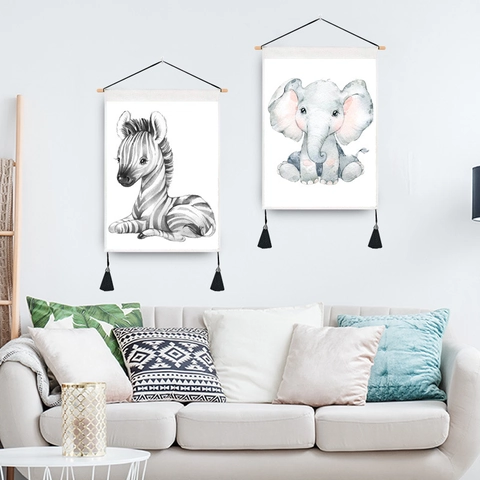 Arazzo Da Parete Animali Cartoni Animati Tessuto Poliestere Pittura Con Palo In Legno Nappe Stile Nordico Decorazione
