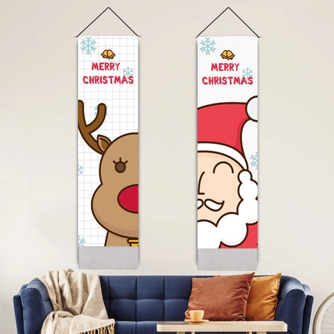 Arazzo Di Natale Cotone Lino Poliestere Parete Arte Santa Renna Pupazzo Di Neve Decor Con Nappine Corda Stile Nordico