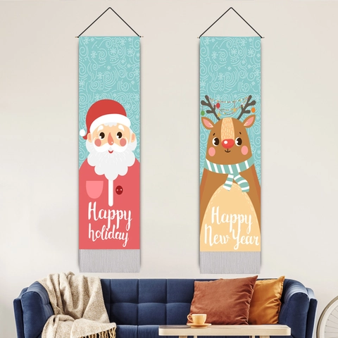 Tapisserie Murale de Noël Coton Polyester Père Noël Bonhomme de Neige Renne Ours Polaire Motif Avec Gland Tige en Bois Décoration