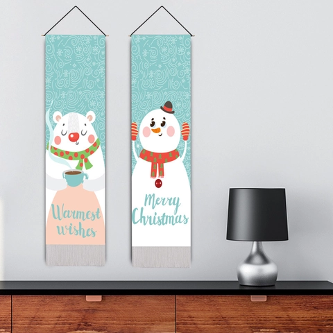 Tapisserie Murale de Noël Coton Polyester Père Noël Bonhomme de Neige Renne Ours Polaire Motif Avec Gland Tige en Bois Décoration