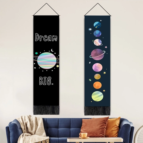 Nordic Polyester Cotton Vertical Hanging Tapestry With Wood Pole Tassel Colorful Planet Evil Eye Wall Art For Home Decor