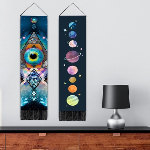Nordic Polyester Cotton Vertical Hanging Tapestry With Wood Pole Tassel Colorful Planet Evil Eye Wall Art For Home Decor