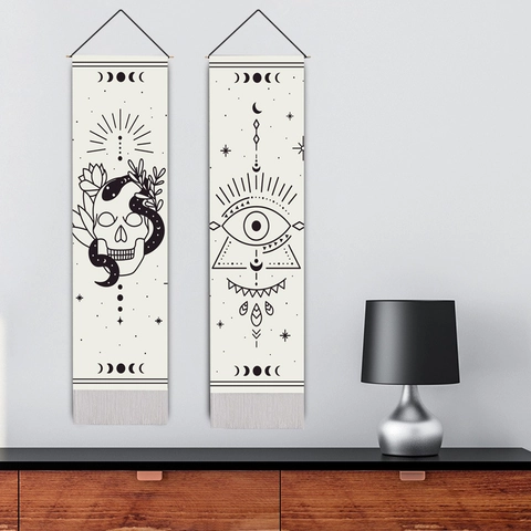 Arazzo Da Parete Boemo Cotone Lino Geometrico Loto Fase Lunare Pittura Appesa Verticale Con Nappe E Palo Di Legno