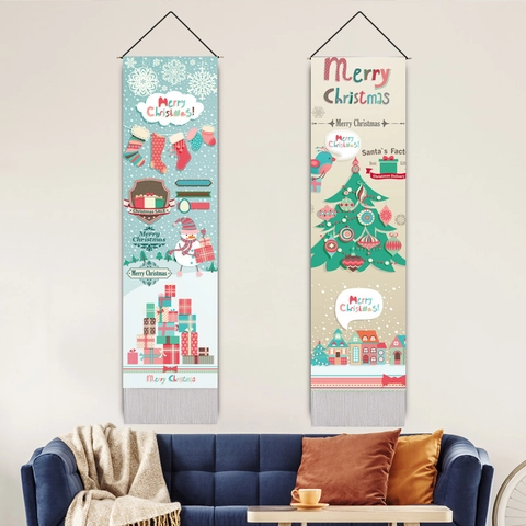 Christmas Tapestry Wall Hanging Polyester Cotton Long Vertical Nordic Snowman Xmas Tree Decor With Tassel And Rod