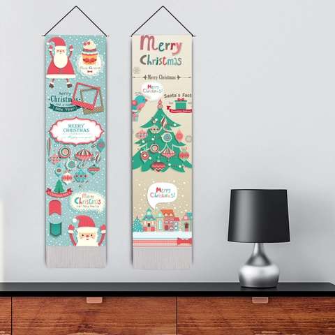Christmas Tapestry Wall Hanging Polyester Cotton Long Vertical Nordic Snowman Xmas Tree Decor With Tassel And Rod