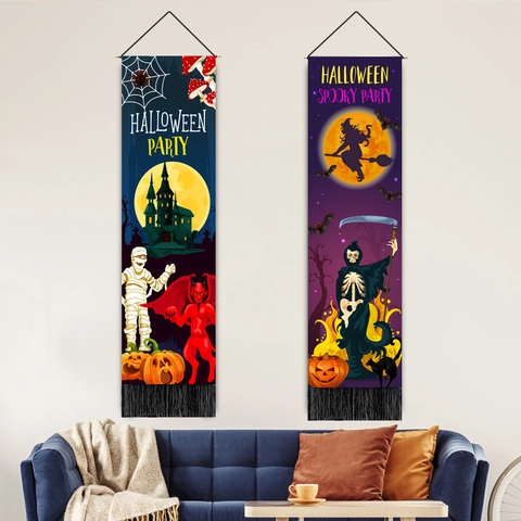 Tapisserie Suspendue d'Halloween en Coton Polyester Décoration Murale Avec Tige en Bois Et Glands Bannière de Fête Effrayante