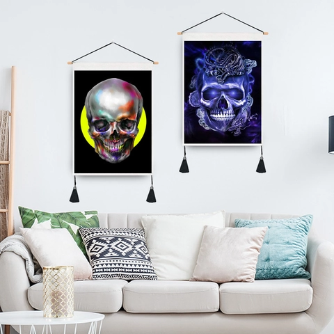 Wall Hanging Tapestry Skull Flame Gothic Punk Art Cloth With Wooden Rod And Tassels Home Bedroom Living Room Decor