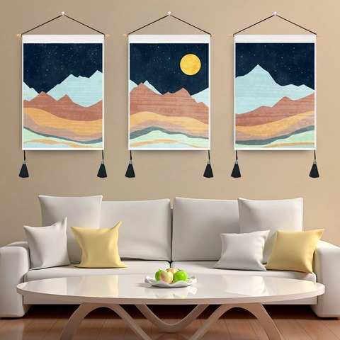 Tapisserie Murale Paysage De Montagne Ciel Étoilé Style Nordique Décoration Murale Avec Bâton En Bois Glands Polyester Coton