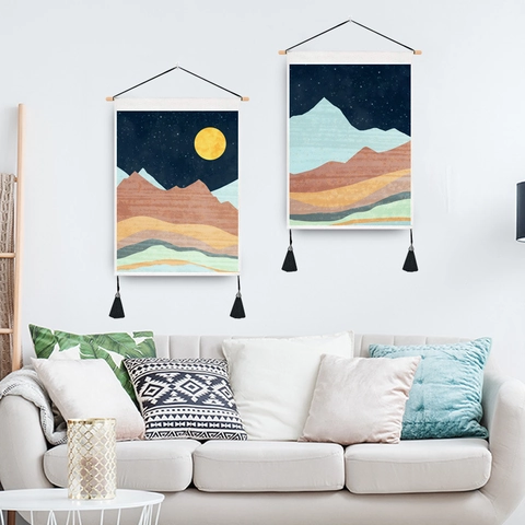 Tapisserie Murale Paysage De Montagne Ciel Étoilé Style Nordique Décoration Murale Avec Bâton En Bois Glands Polyester Coton