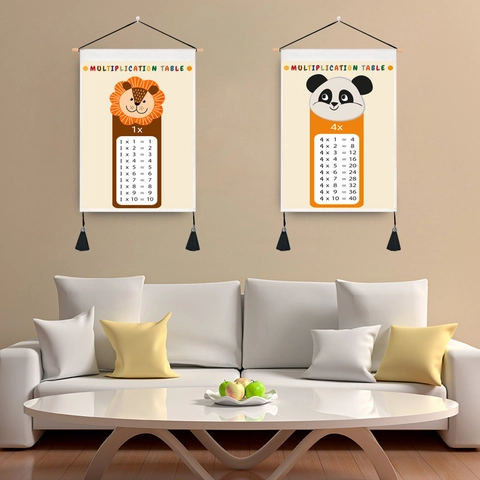 Tableau De Multiplication Suspendu Enfants Éducatif Tapisserie Toile Motif Animaux Dessins Animés Tige Bois Gland Décor