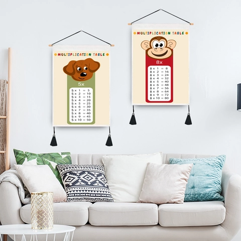 Tableau De Multiplication Suspendu Enfants Éducatif Tapisserie Toile Motif Animaux Dessins Animés Tige Bois Gland Décor