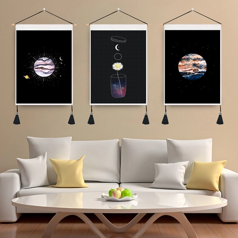 Böhmische Sonne Mond Blume Wandteppich Wandkunst Mit Holzstange Quasten Polyester Baumwolle Stoff Hängendes Rollbild Für Haus Deko