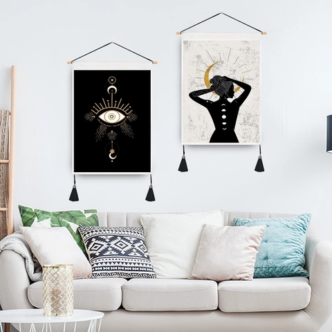 Böhmische Sonne Mond Blume Wandteppich Wandkunst Mit Holzstange Quasten Polyester Baumwolle Stoff Hängendes Rollbild Für Haus Deko