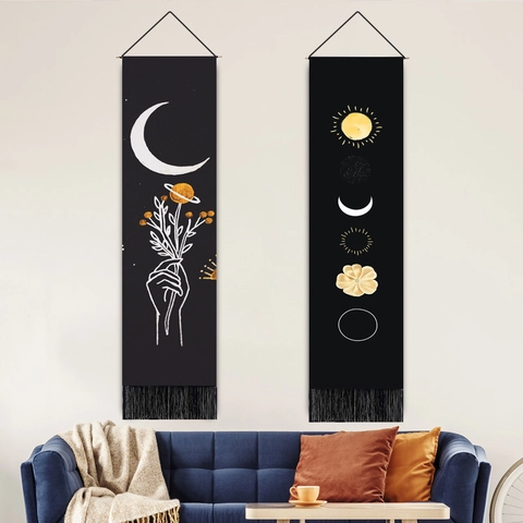 Celestial Moon Phases Wall Tapestry Polyester Cotton Long Vertical Hanging Art With Tassel Wood Pole Bohemian Sun Star Decor