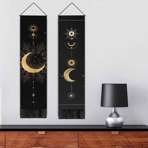 Celestial Moon Phases Wall Tapestry Polyester Cotton Long Vertical Hanging Art With Tassel Wood Pole Bohemian Sun Star Decor