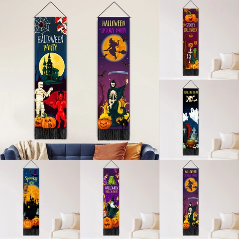 Tapisserie Suspendue d'Halloween en Coton Polyester Décoration Murale Avec Tige en Bois Et Glands Bannière de Fête Effrayante