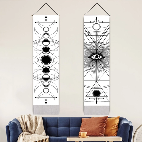 Moon Phase Wall Tapestry Bohemian Celestial Mystery Hanging Cotton Linen Decorative Vertical Art With Wood Pole And Tassel