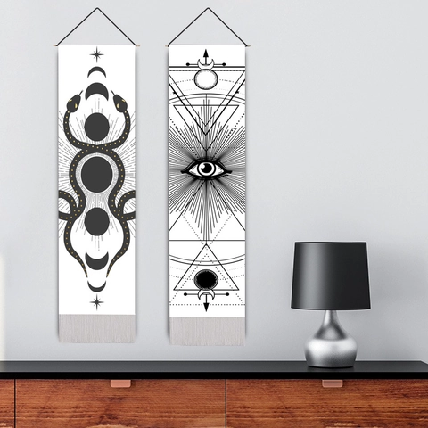 Moon Phase Wall Tapestry Bohemian Celestial Mystery Hanging Cotton Linen Decorative Vertical Art With Wood Pole And Tassel