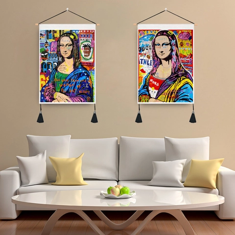 Graffiti Pop Art Wall Hanging Scroll Tapestry Mona Lisa Style Fabric With Wooden Rod And Tassels