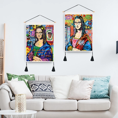 Graffiti Pop Art Wall Hanging Scroll Tapestry Mona Lisa Style Fabric With Wooden Rod And Tassels