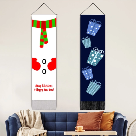 Christmas Wall Hanging Tapestry Snowman Gift Box Pattern Polyester Cotton Banner With Tassel For Home Living Room Decor